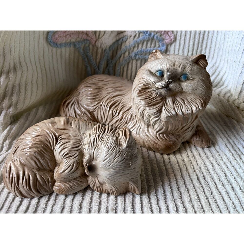 Vintage Sandcast Persian Mother Cat and Kitten Figurines Statues